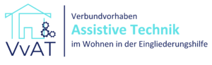 VvAT-Logo: Links ist ein Haus-Icon mit Zahnrädern zu sehen und der Schrift VvAT. Rechts ist der Text Verbundvorhaben Assistive Technik im Wohnen in der Eingliederungshilfe zu sehen. Das Logo ist hell- und dunkelblau.