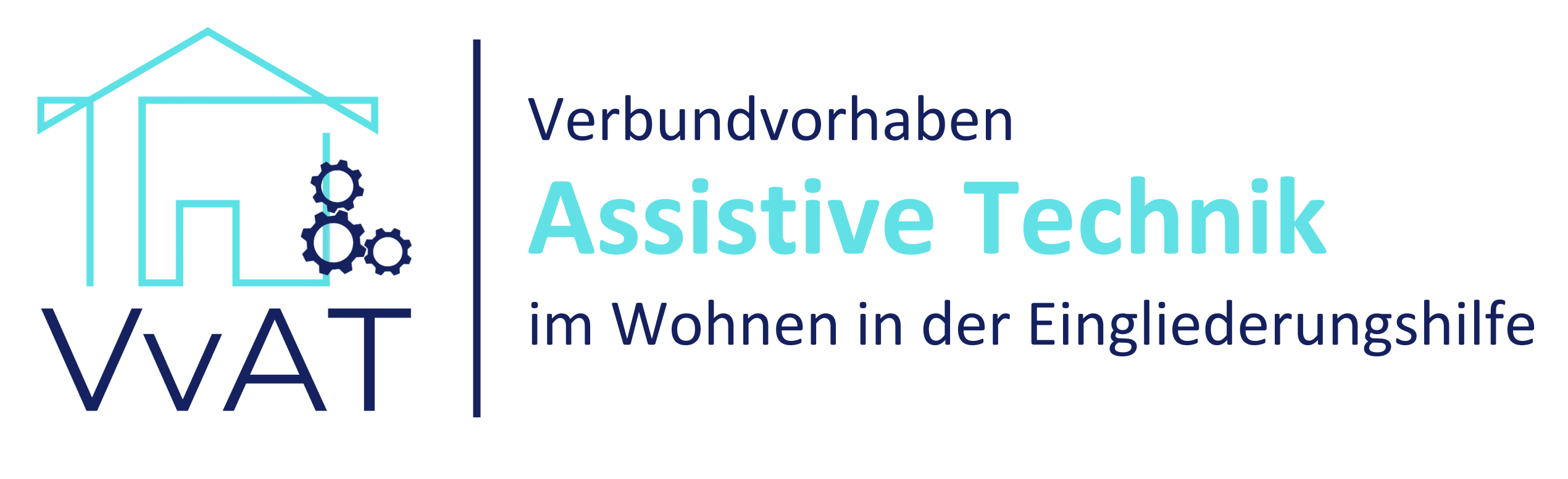 VvAT-Logo: Links ist ein Haus-Icon mit Zahnrädern zu sehen und der Schrift VvAT. Rechts ist der Text Verbundvorhaben Assistive Technik im Wohnen in der Eingliederungshilfe zu sehen. Das Logo ist hell- und dunkelblau.