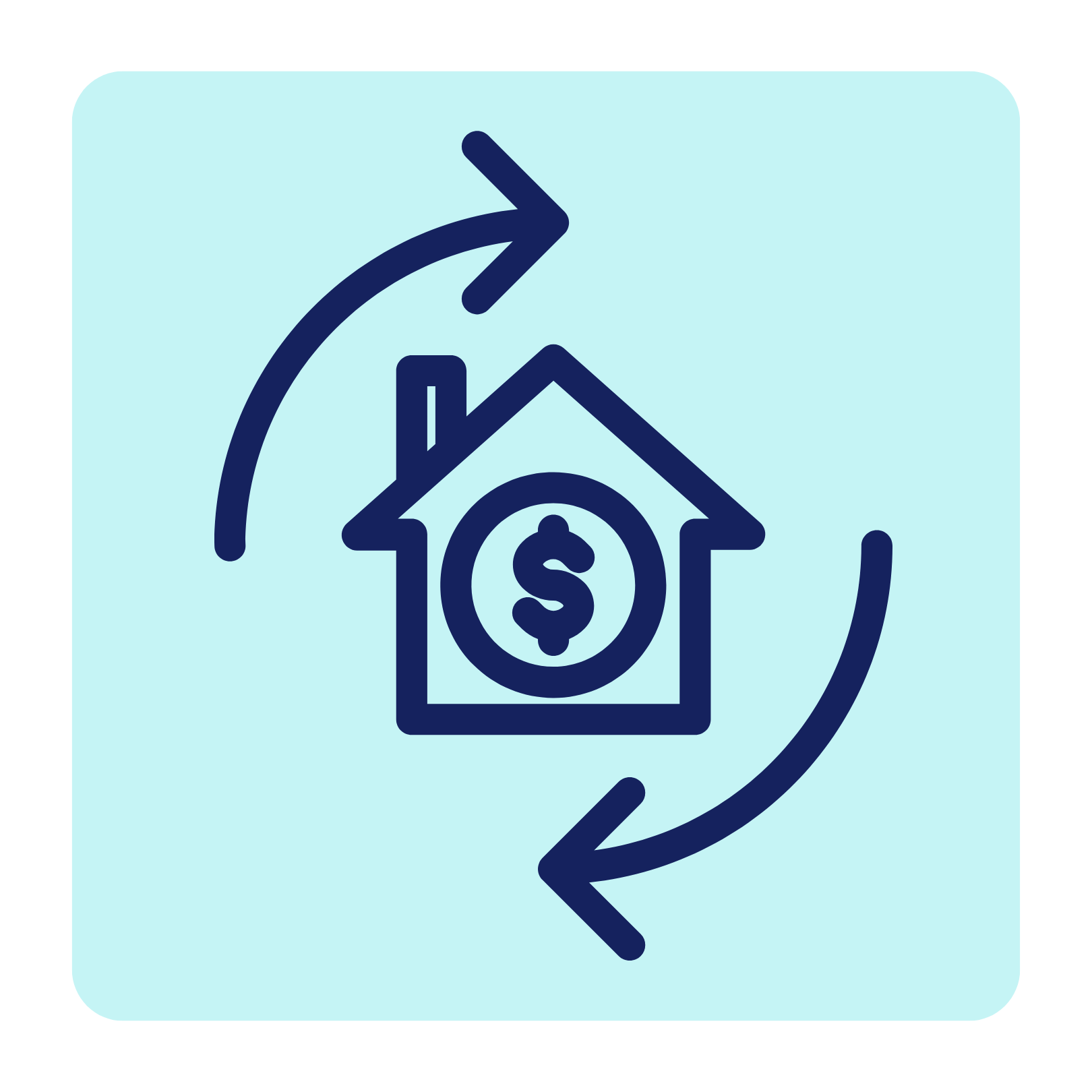 Icon von einem Haus, indem ein Dollarzeichen zu sehen ist. Um das Haus sind 2 Pfeile kreisförmig im Uhrzeigersinn angeordnet.
